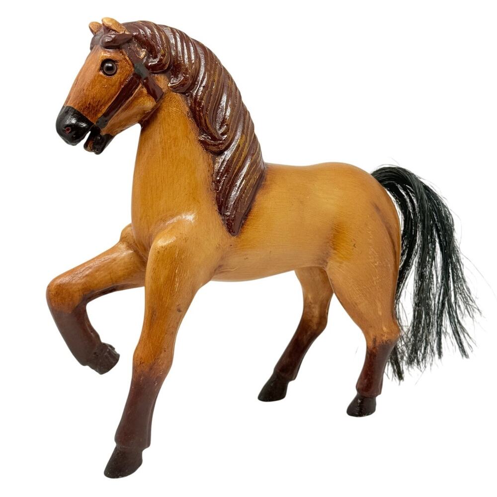 Vintage 70s Hand Carved Wood Horse Figurine Equestrian Decor